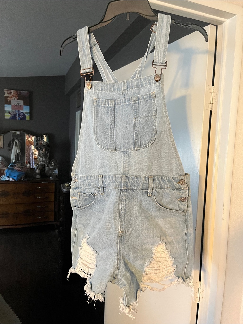 Light Wash Distressed Denim Overalls Shorts